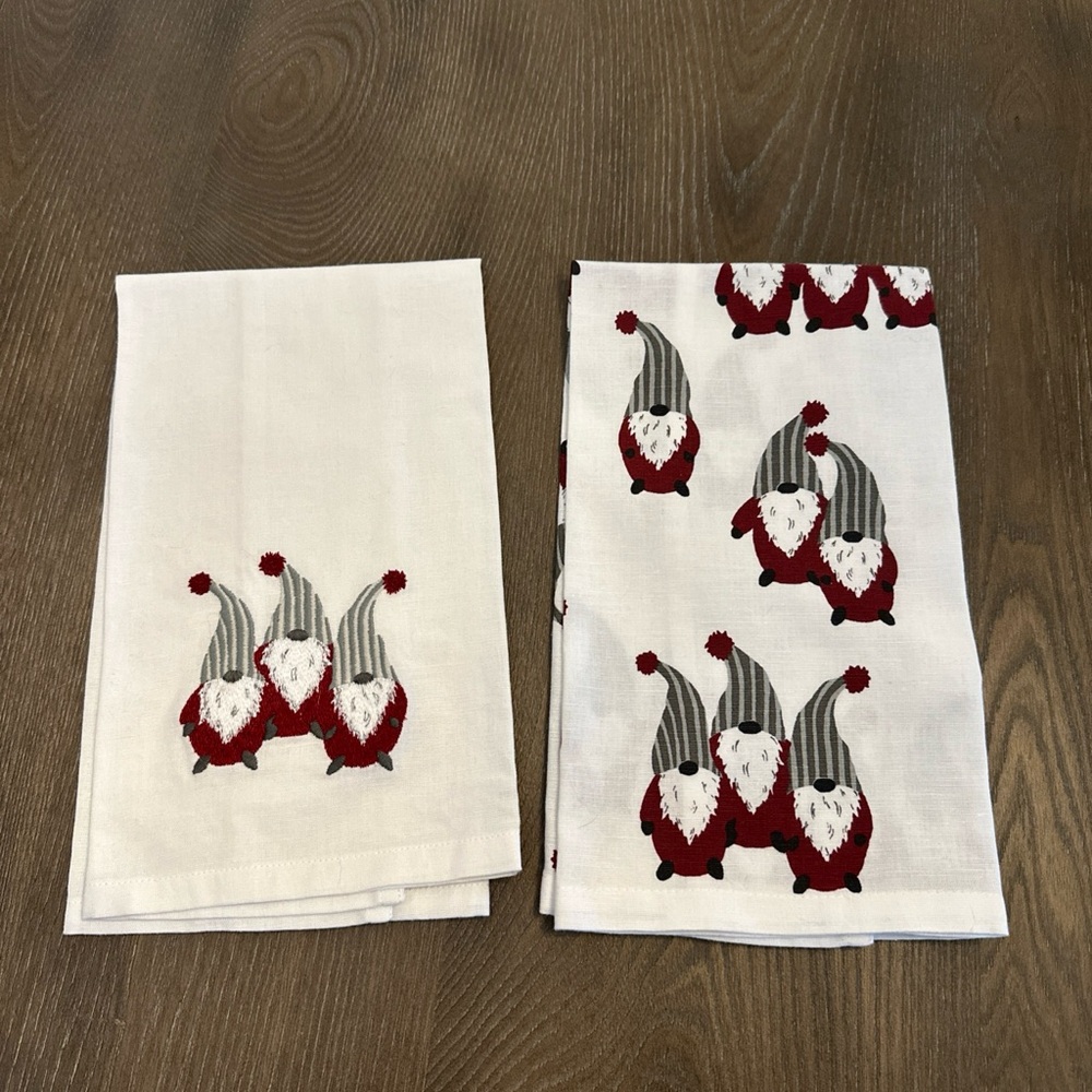 Pottery Barn White Tea Towels with Red & Gray Gnome Embroidery